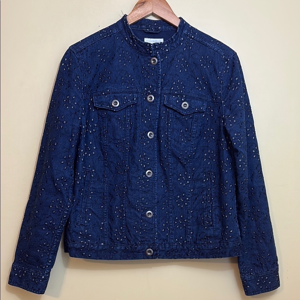 Charter Club | Dark Blue Embroidered Eyelet Denim Blue Jean Button Down Jacket S